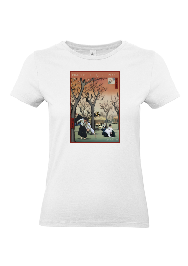 Weißes Damenshirt mit Rundhals und Aufdruck farbig Hiroshige mit Aikidoka